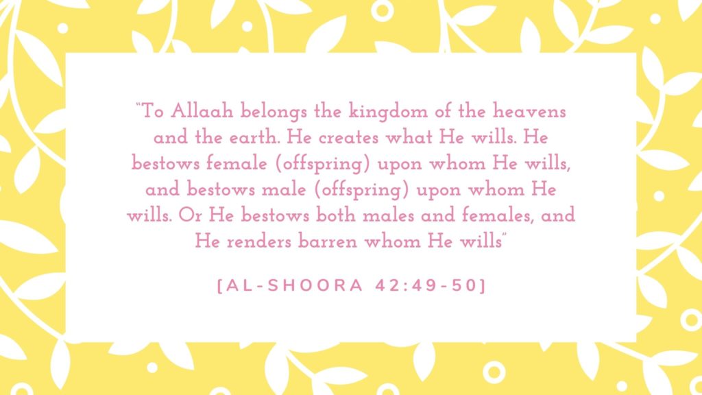“To Allaah belongs the kingdom of the heavens and the earth. He creates what He wills. He bestows female (offspring) upon whom He wills, and bestows male (offspring) upon whom He wills. Or He bestows both males and females, and He renders barren whom He wills”