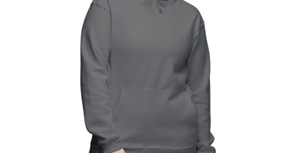 hijabi hoodie sweatshirt worn by a woman front view, charcoal color