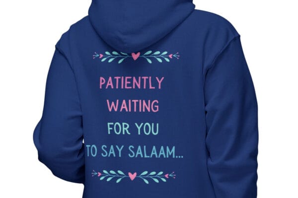 hijabi hoodie sweatshirt in royal blue worn by a woman with design on the back